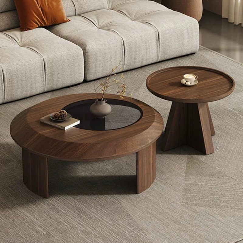Table basse ronde bois massif et verre 80cm - Meuble Passion