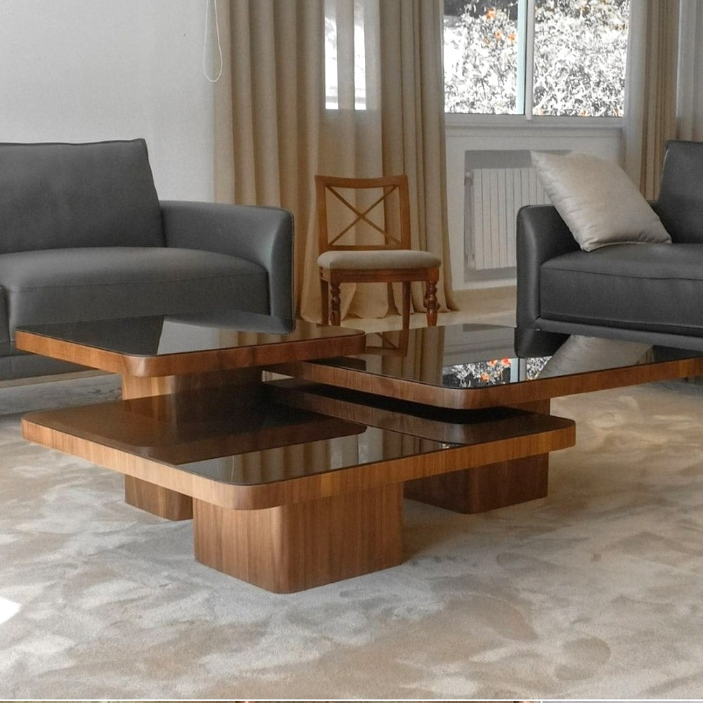 Trio de 3 tables basses socle en bois massif et plateau en verre trempé noir