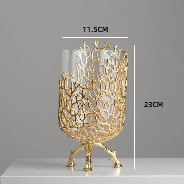 Vase doré en acier et verre