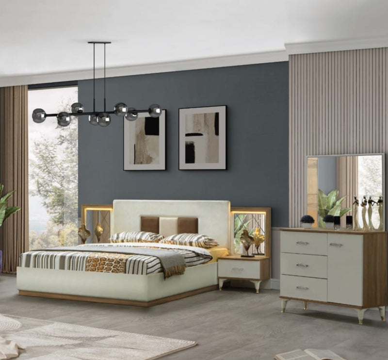 Pack lit 5 pièces LILE 160 avec rangement + 2 chevets + commode + miroir