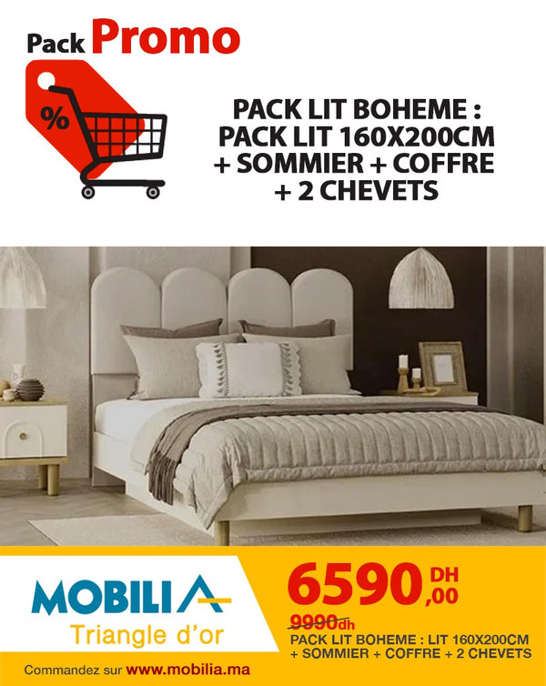 Pack LIT  160x200cm + Sommier
+ coffre de rangement + 2 chevets