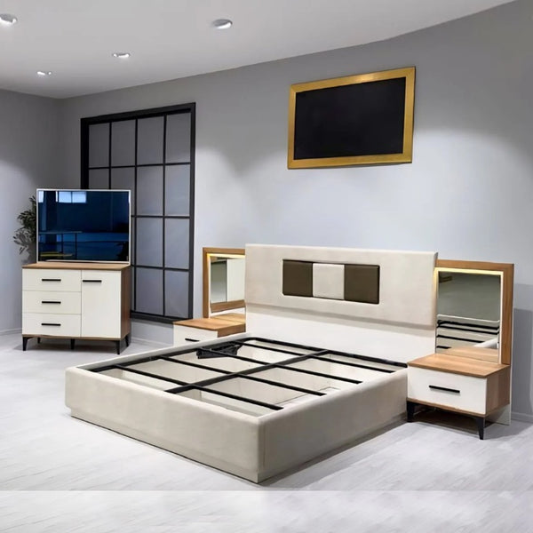 Pack lit 5 pièces 160 avec rangement + 2 chevets + commode + miroir